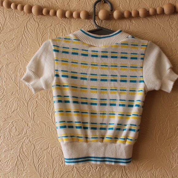 Vintage Baby Short Sleeve Sweater Gender Neutral Blue Yellow 3 Months - Picture 4 of 7